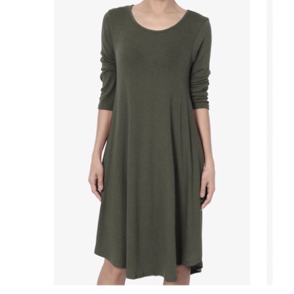 Olive green side pocket 3/4 sleeves swing dress - Picture 7 of 8